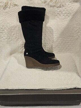 UGG Black Suede Wedge Knee Boots with Shearling Cuff